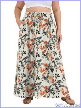 Plus Size Maxi Skirt A-Line Flowy High Rise Boho Summer Side Pockets